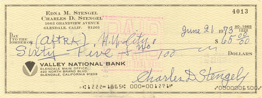 1973 Casey Stengel Signed Personal Check Signed "Charles D. Stengel" & Dated 6/21/73 (Beckett)